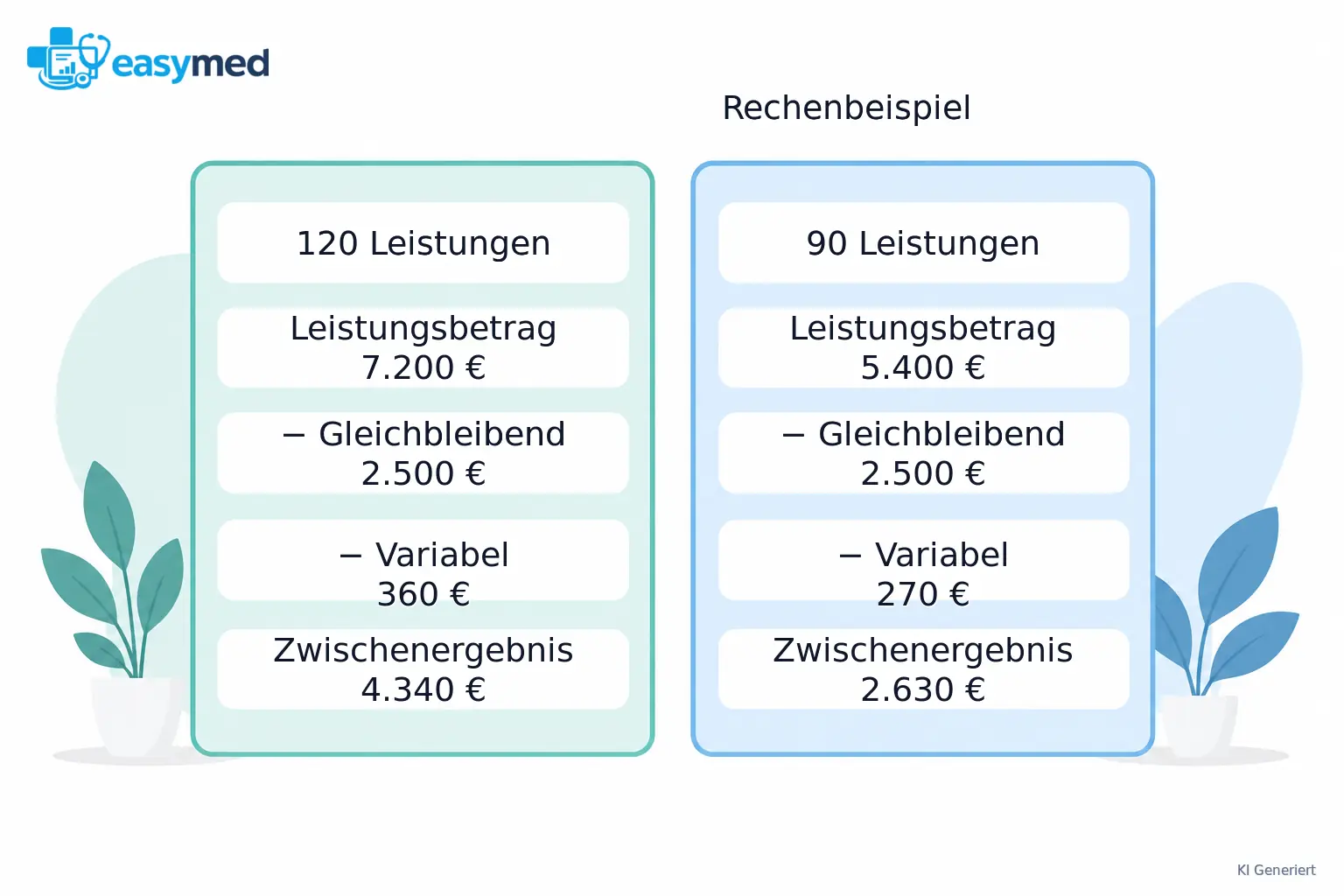Zwei Rechenkarten vergleichen 120 beziehungsweise 90 Leistungen zu je 60 Euro. Nach den angesetzten Kosten bleiben 4.340 beziehungsweise 2.630 Euro als Zwischenergebnis vor privaten Ausgaben und Steuern.