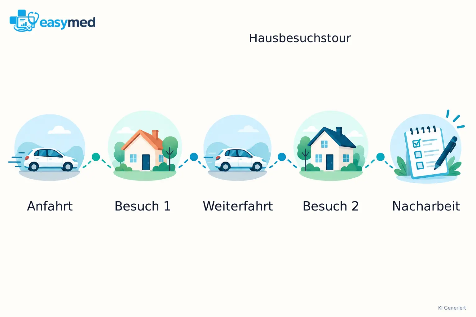Ein Tourband verbindet Anfahrt, ersten Besuch, Weiterfahrt, zweiten Besuch und Nacharbeit als fünf getrennte Zeitbestandteile.