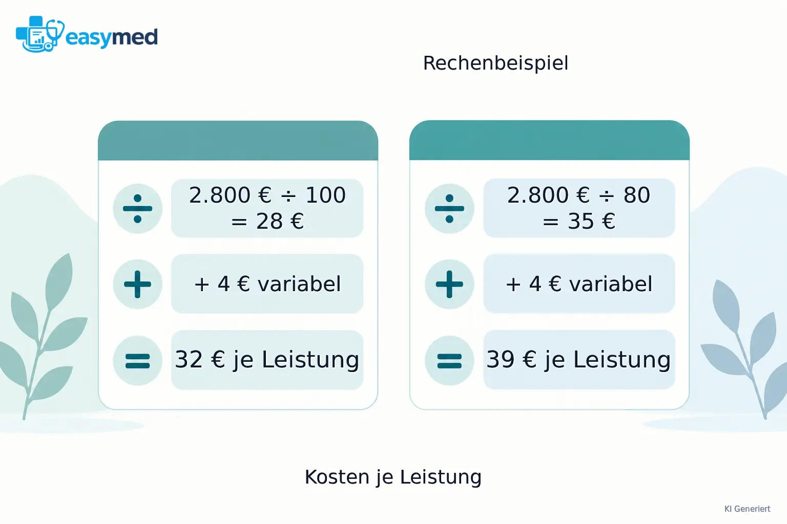 Zwei Rechenkarten verteilen denselben angenommenen Fixkostenbetrag auf 100 beziehungsweise 80 Leistungen und ergänzen den gleichen variablen Anteil.