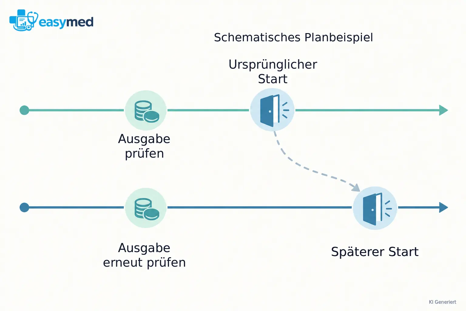 Zwei Zeitspuren vergleichen einen ursprünglichen und einen späteren Start; ein separat markierter Ausgabenpunkt bleibt zunächst am gleichen Zeitpunkt.