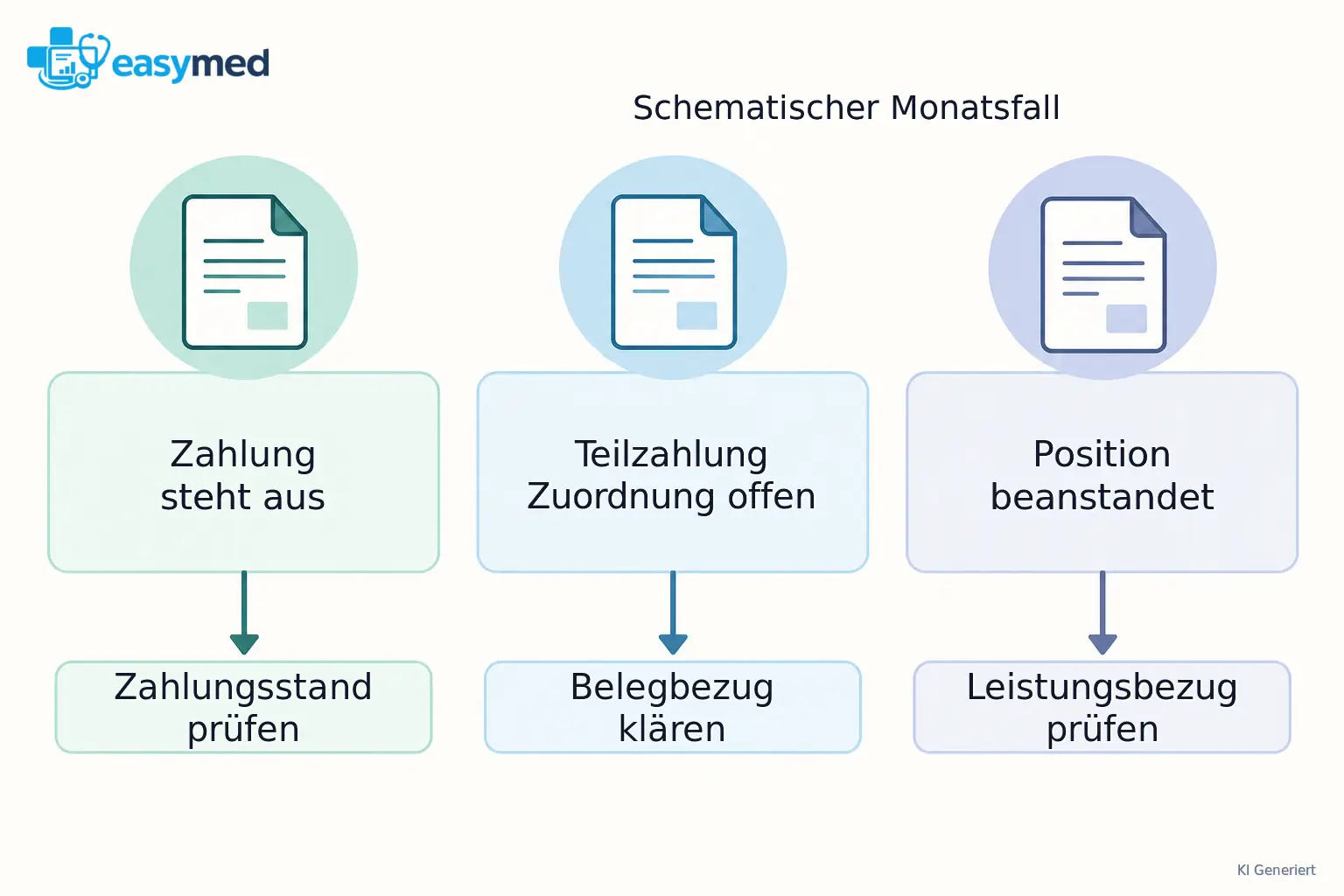 Drei getrennte offene Rechnungskarten zeigen unterschiedliche Ursachen und führen zu jeweils eigener Prüfaufgabe.