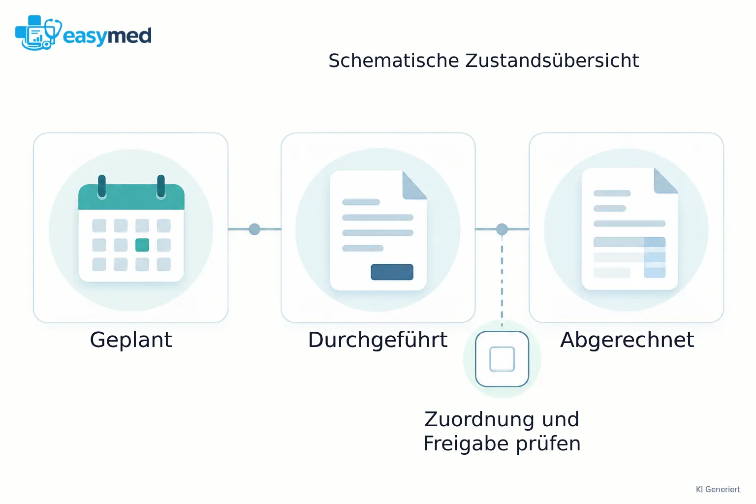 Kalendertermin, dokumentierte Behandlung und Abrechnung stehen als getrennte Zustände; vor der Abrechnung ist die Zuordnung zu prüfen.