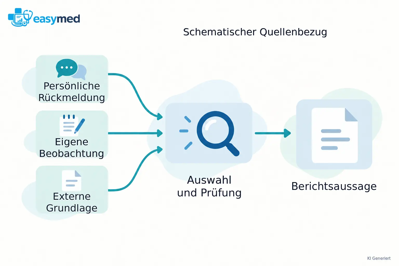Drei getrennte Quellkarten führen über ein Auswahl- und Prüffeld zu einer Berichtskarte; die Quellenbezüge bleiben sichtbar.
