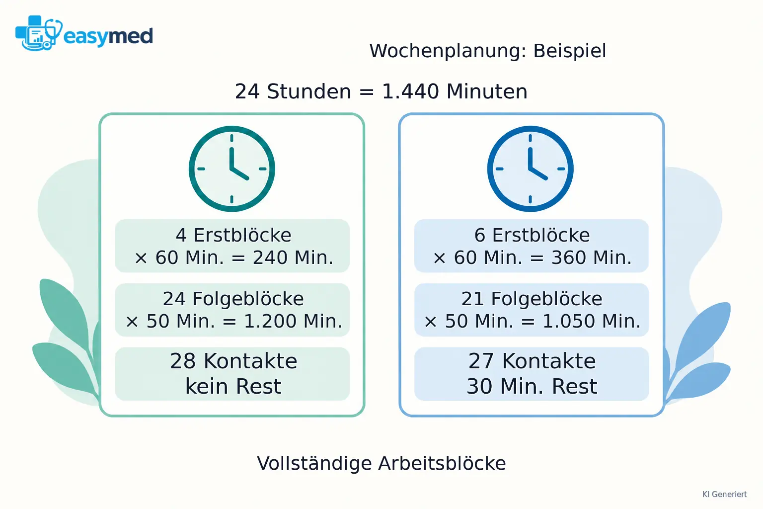 Zwei Rechenkarten teilen dieselben angenommenen 1.440 verfügbaren Minuten auf unterschiedliche Erst- und Folgekontaktblöcke auf.