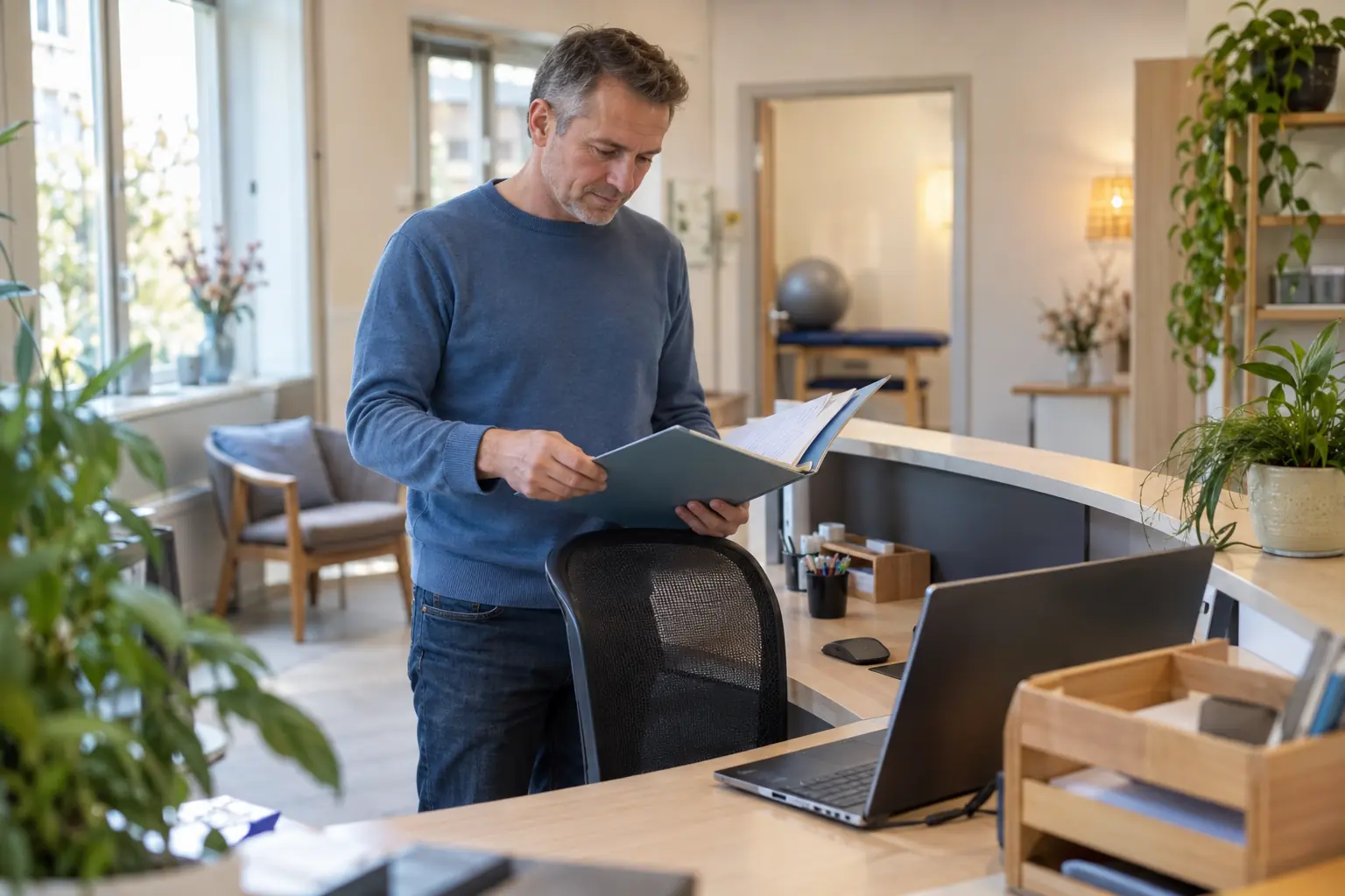 Vertretender Empfangsmitarbeiter liest zu Beginn seines Dienstes den aktuellen Übergabestand am Arbeitsplatz.
