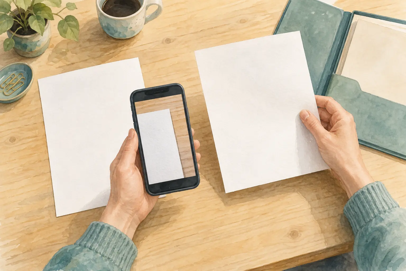 Eine Aquarellzeichnung zeigt Hände, die ein Papierblatt neben einer zweiten Seite halten und mit der auf einem Smartphone angezeigten Aufnahme vergleichen.