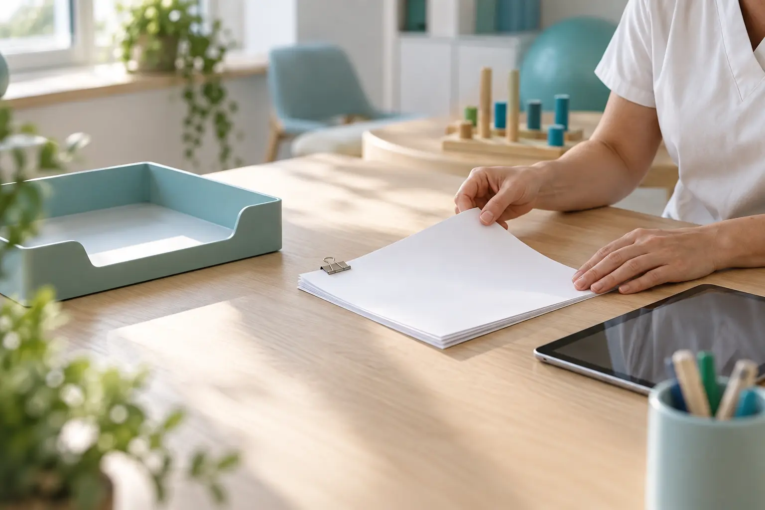 Hände prüfen blanke Unterlagen neben einer Ablageschale und einem Tablet in einer Ergotherapiepraxis.