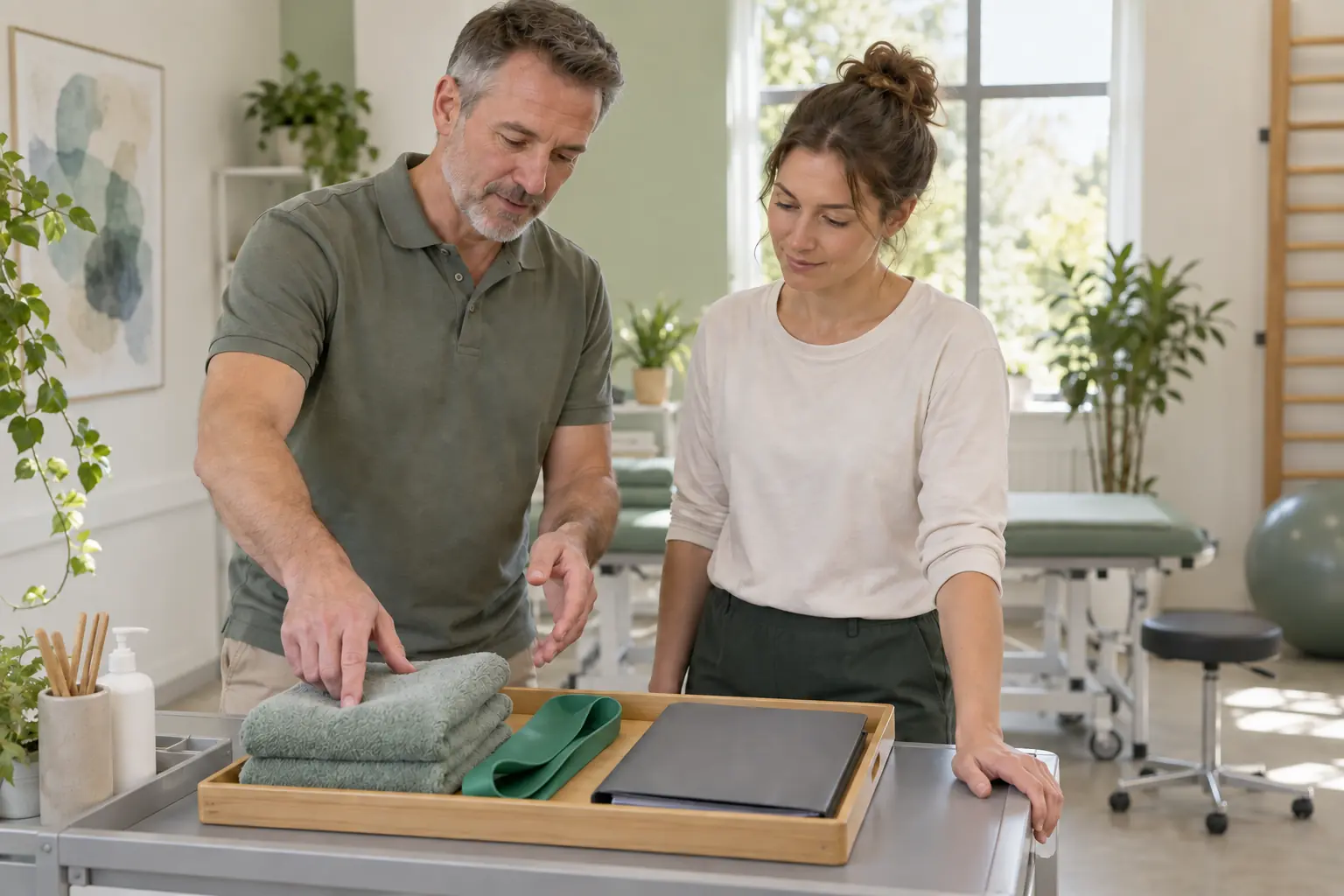 Ein erfahrener Therapeut zeigt einer neuen Kollegin die Anordnung von Materialien am Arbeitsplatz.