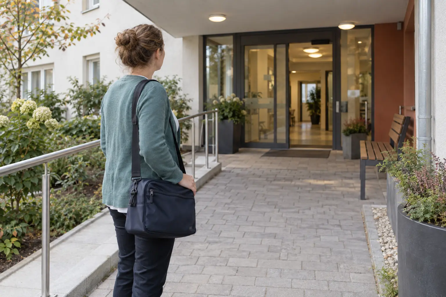 Eine Ergotherapeutin steht mit ihrer Materialtasche vor einem Gebäude und betrachtet den vorgesehenen Eingang.