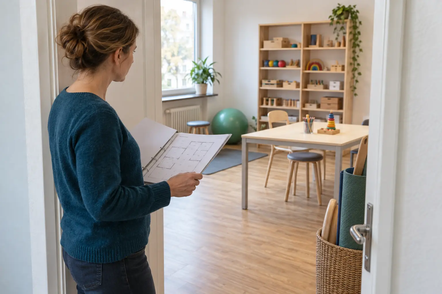 Eine Praxisgründerin steht mit einem Grundriss im Türbereich eines eingerichteten Ergotherapieraums.