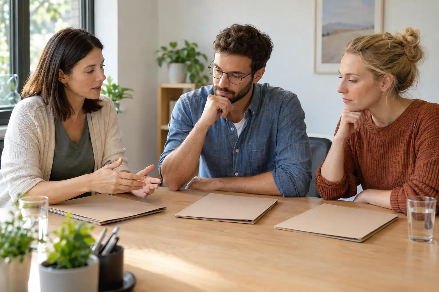 Drei Erwachsene besprechen an einem Tisch ihre getrennt vor ihnen liegenden Ordner in einem hellen Büro.