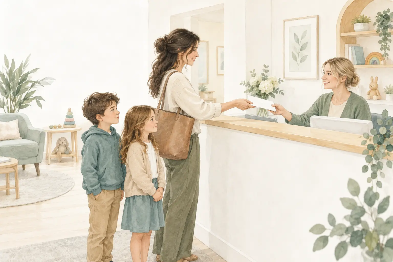 Ein Elternteil mit zwei Kindern übergibt am Praxisempfang einen unbeschrifteten Umschlag.