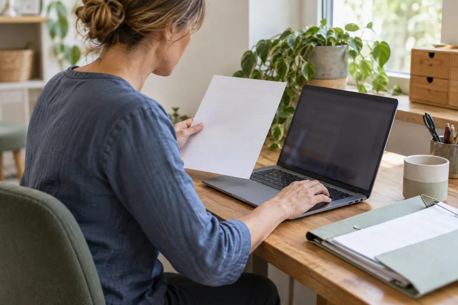 Praxismitarbeiterin betrachtet einen Ausdruck und die gemeinsame Information am Laptop.