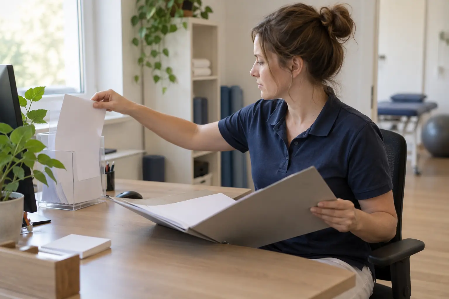 Mitarbeiterin in einer Physiotherapiepraxis betrachtet einen Papierausdruck und Unterlagen einer Mappe am gemeinsamen Arbeitsplatz.