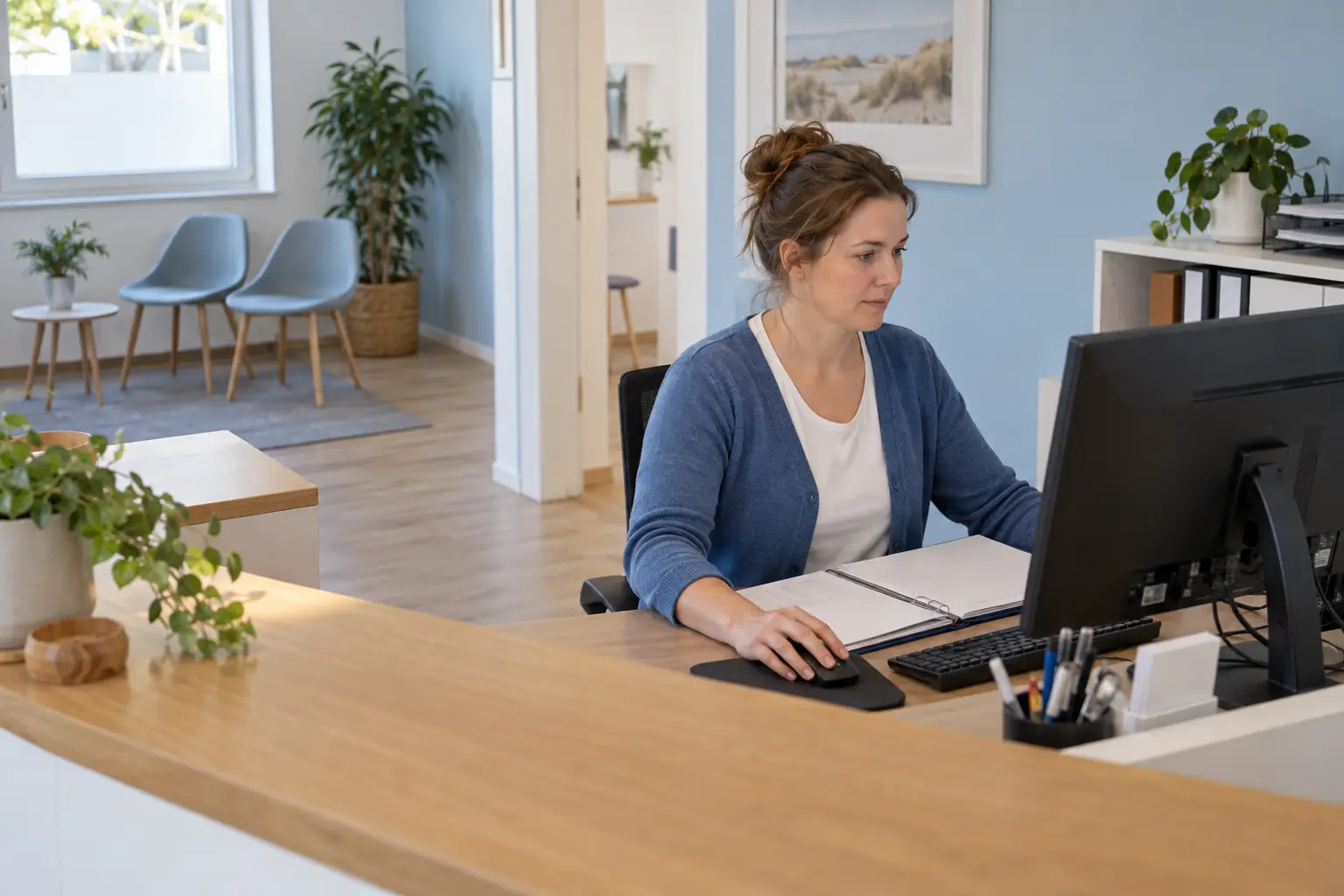 Eine Mitarbeiterin arbeitet allein am Empfang mit Computer und geordneter Mappe neben der Tastatur.