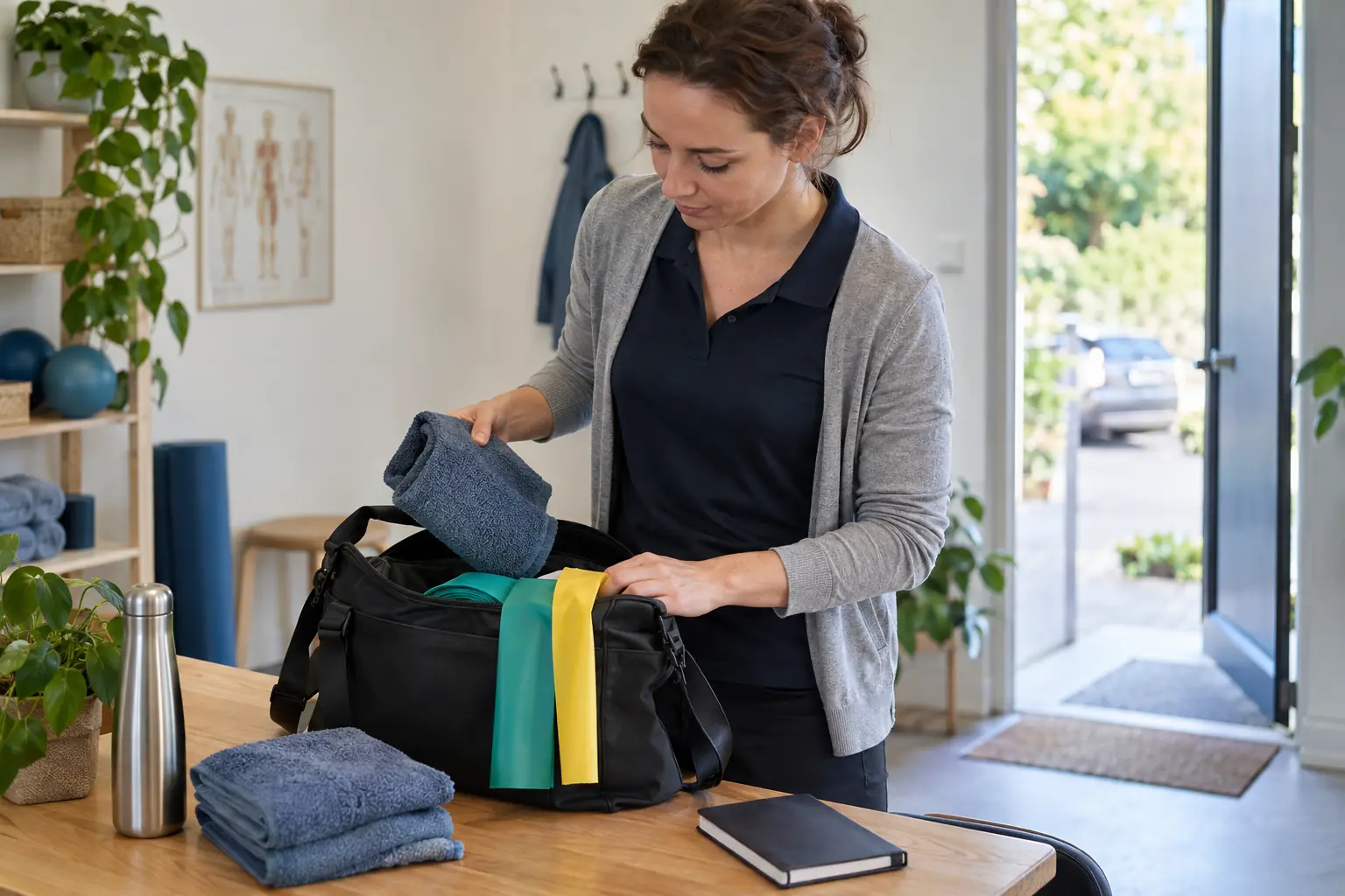 Eine Person packt Handtücher und Übungsbänder in eine Tasche neben dem Praxisausgang.