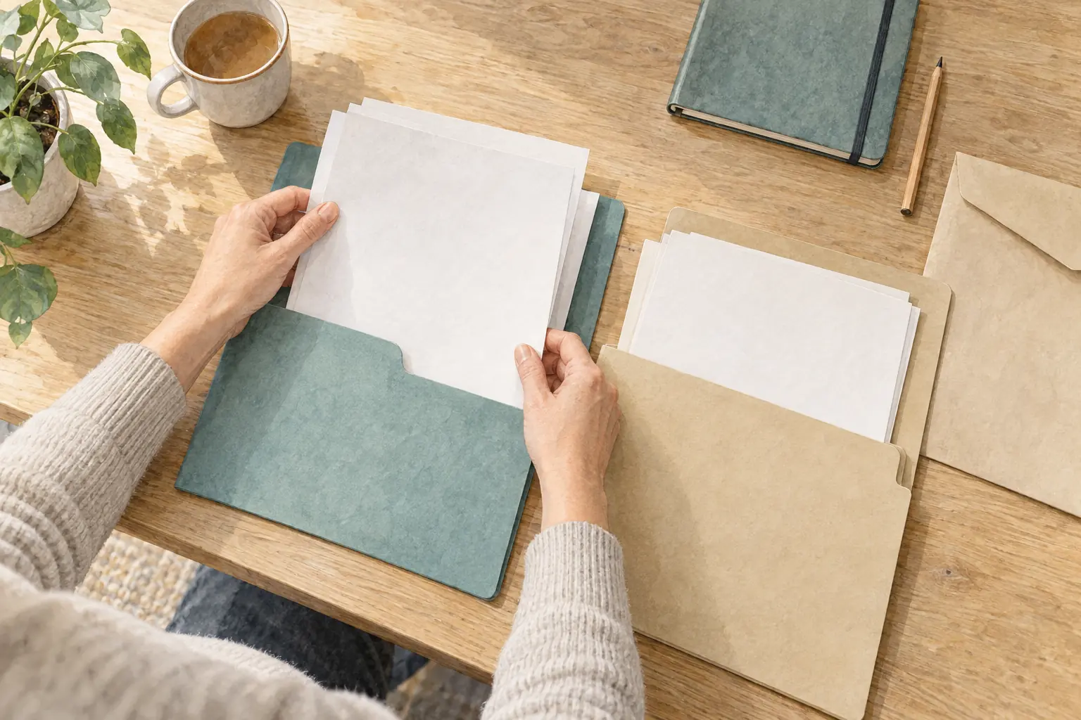 Hände sortieren unbeschriftete Unterlagen in eine türkise und eine beige Mappe; daneben liegen Notizbuch, Stift und Briefumschlag auf einem Holztisch.