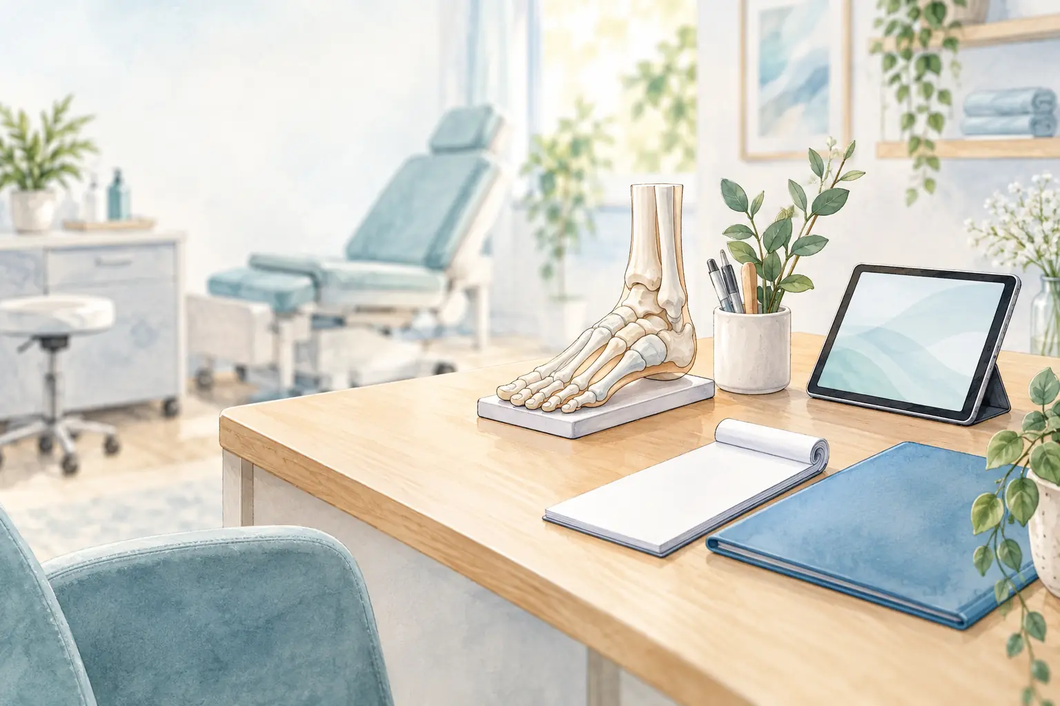 Fußmodell, Tablet, Belegblock und blaue Mappe auf einem Schreibtisch in einer Podologiepraxis.