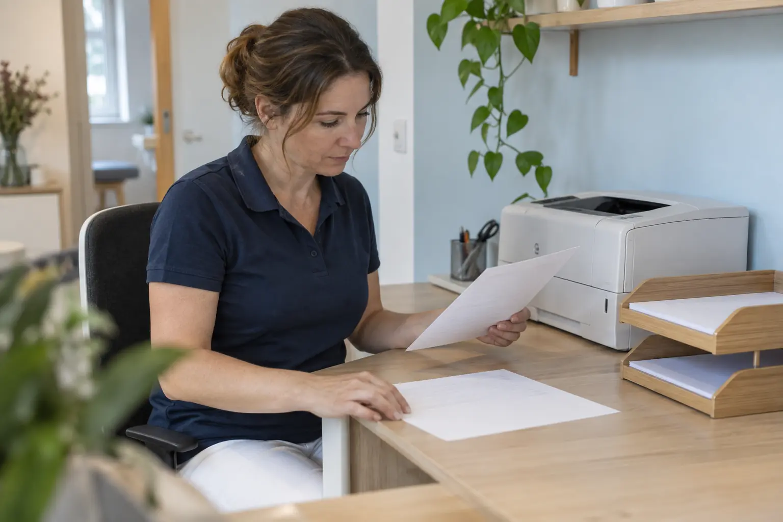 Eine Praxismitarbeiterin vergleicht zwei Informationsblätter neben einem kleinen Drucker und zwei Ablagefächern.