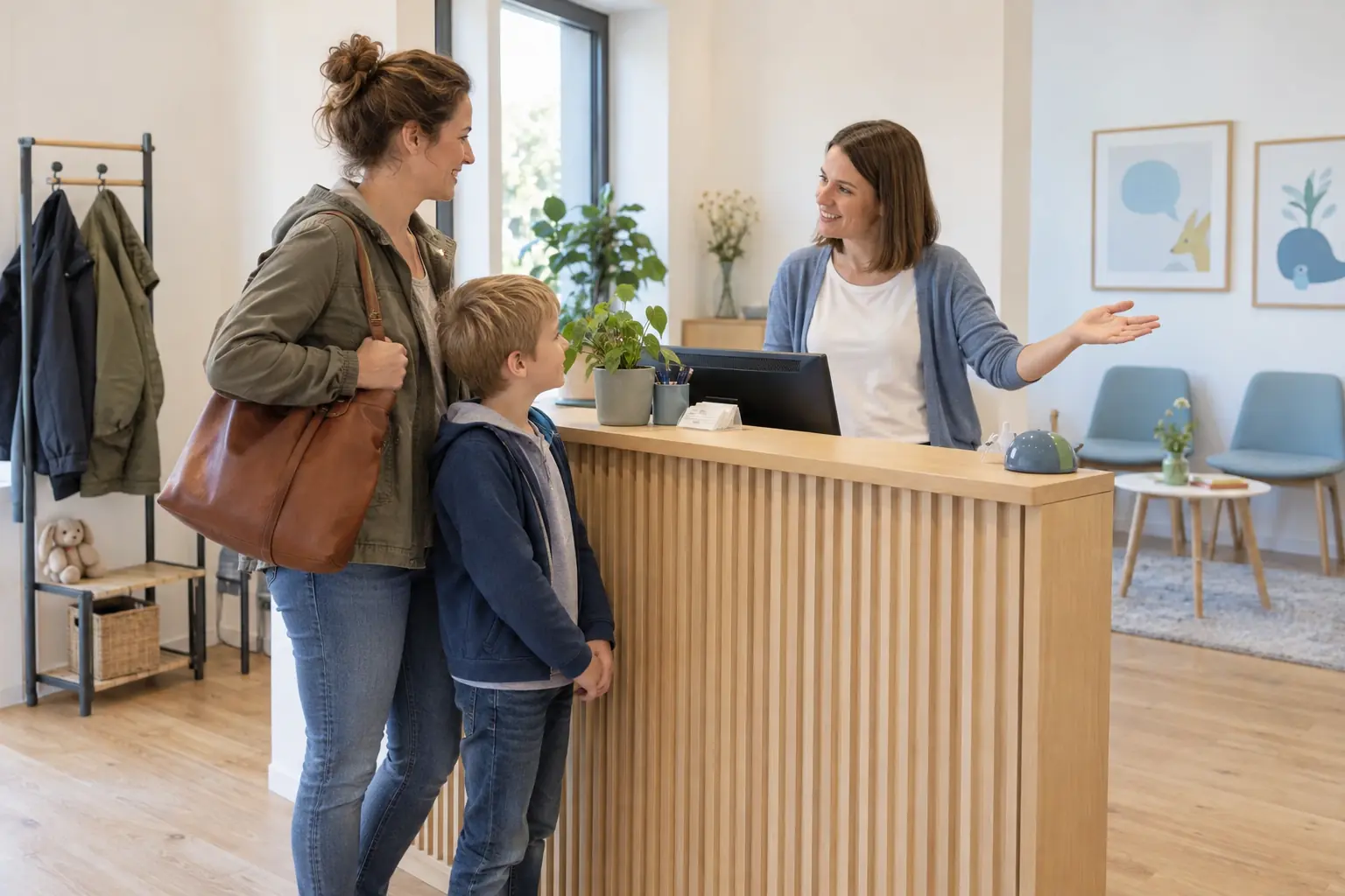 Eine erwachsene Begleitperson und ein Kind stehen an einem hellen Empfangstresen und sprechen mit einer Mitarbeiterin.