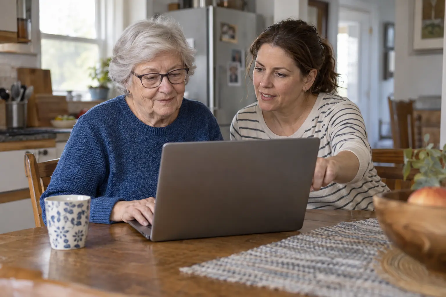 Eine ältere Frau bedient einen Laptop zu Hause, während eine erwachsene Bezugsperson neben ihr auf den Bildschirm blickt.