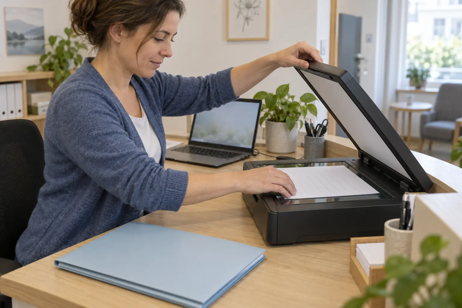 Eine Mitarbeiterin legt eine Unterlage auf den geöffneten Scanner; daneben liegen eine geschlossene Mappe und ein Laptop.