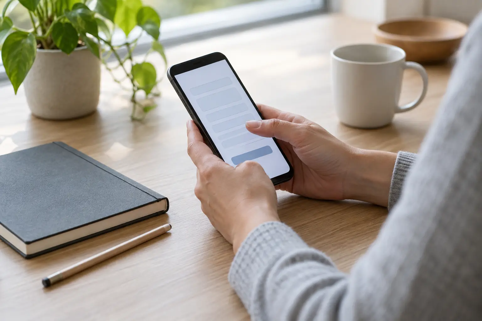 Hände bedienen ein Smartphone mit unbeschrifteten Formularfeldern und einer einfachen Schaltfläche auf einem hellen Schreibtisch neben einem geschlossenen Notizbuch.