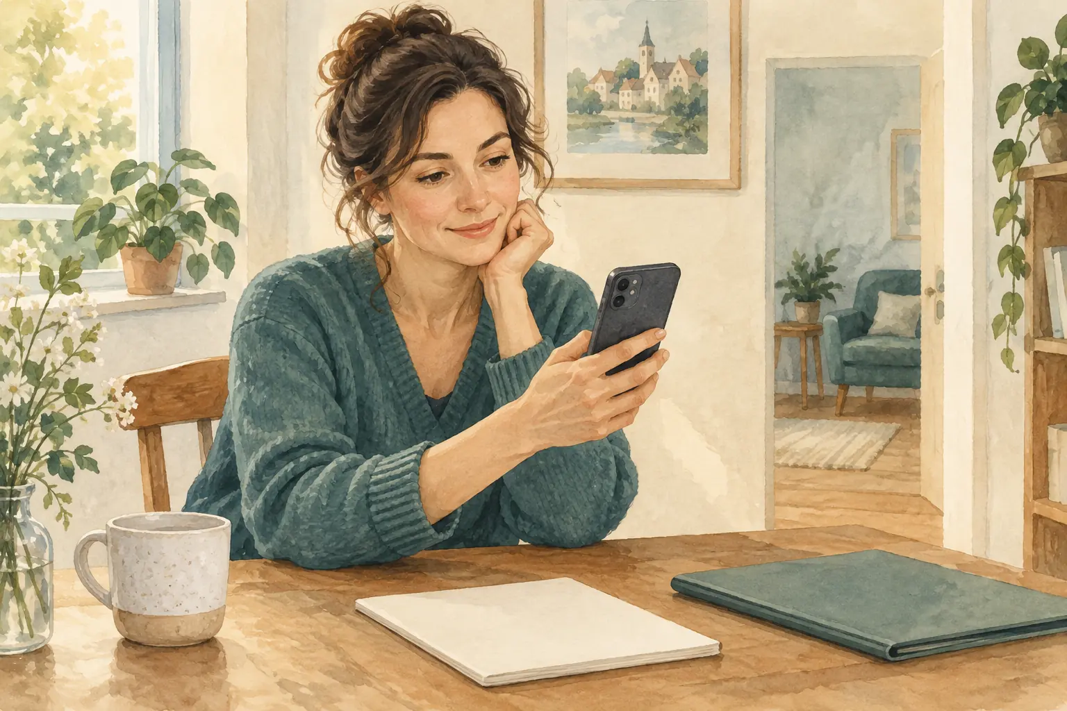 Eine Aquarellillustration zeigt eine Frau am Tisch zu Hause mit einem Smartphone, dessen Rückseite sichtbar ist, einem offenen unbeschrifteten Notizbuch und einer geschlossenen Mappe.