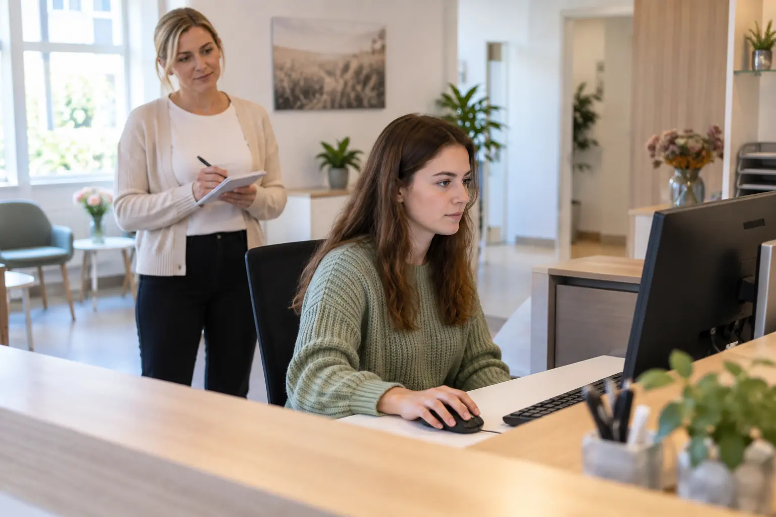 Eine Empfangsmitarbeiterin führt selbst eine Arbeitsprobe mit Maus und Monitor durch, während eine Kollegin mit Abstand ihre Beobachtungen notiert.