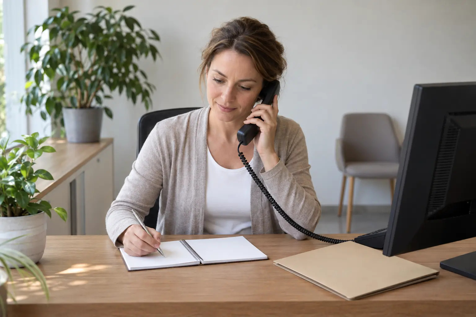 Eine Empfangsmitarbeiterin telefoniert mit einem Hörer am Schreibtisch und betrachtet ein offenes unbeschriftetes Notizbuch; neben ihr stehen ein Monitor und eine geschlossene Mappe.