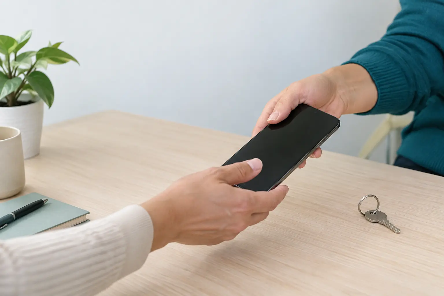 Zwei Personen übergeben am hellen Tisch ein dienstliches Smartphone; ein Schlüssel liegt daneben.