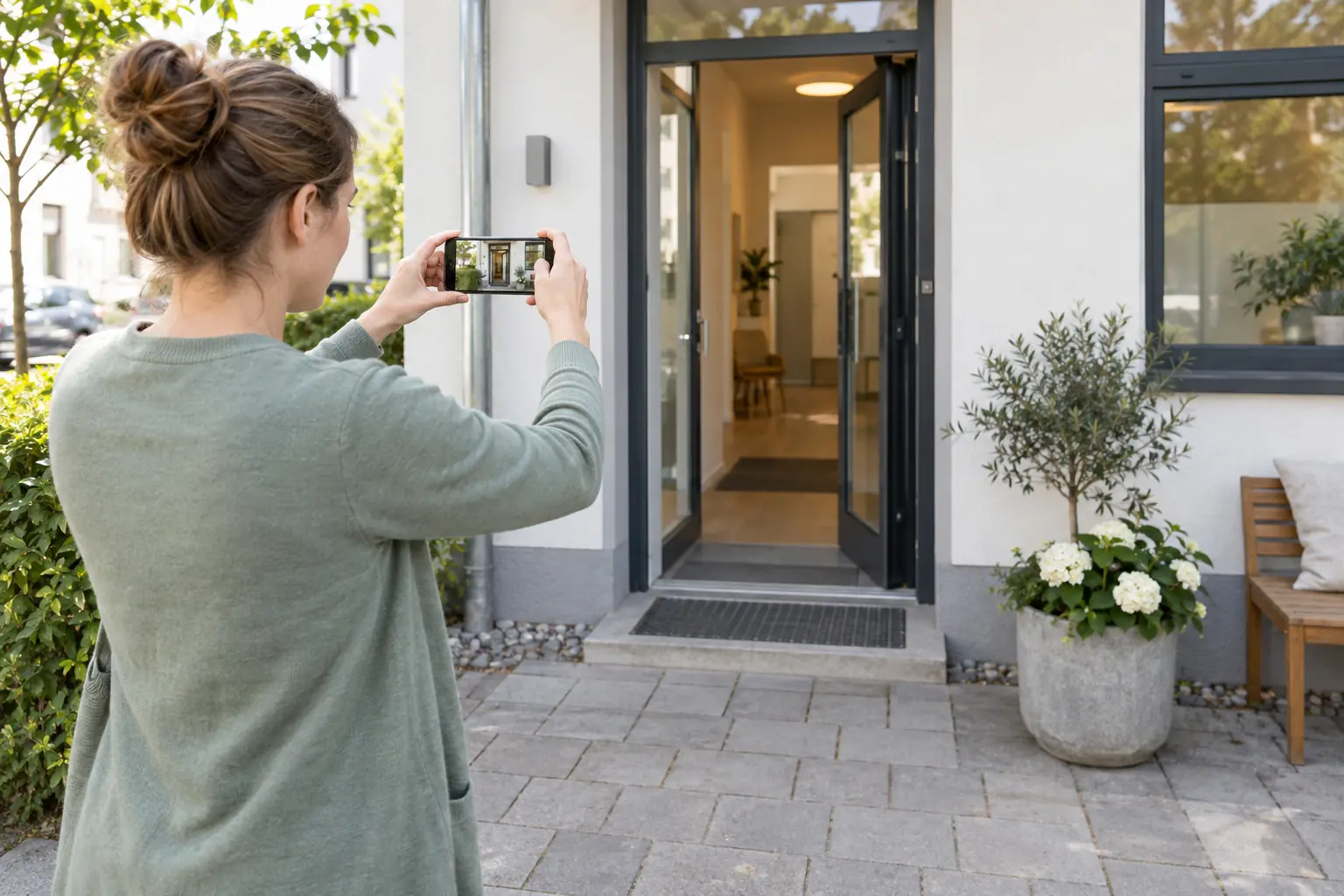 Eine Praxismitarbeiterin fotografiert mit ihrem Smartphone den Eingang des Praxisgebäudes.
