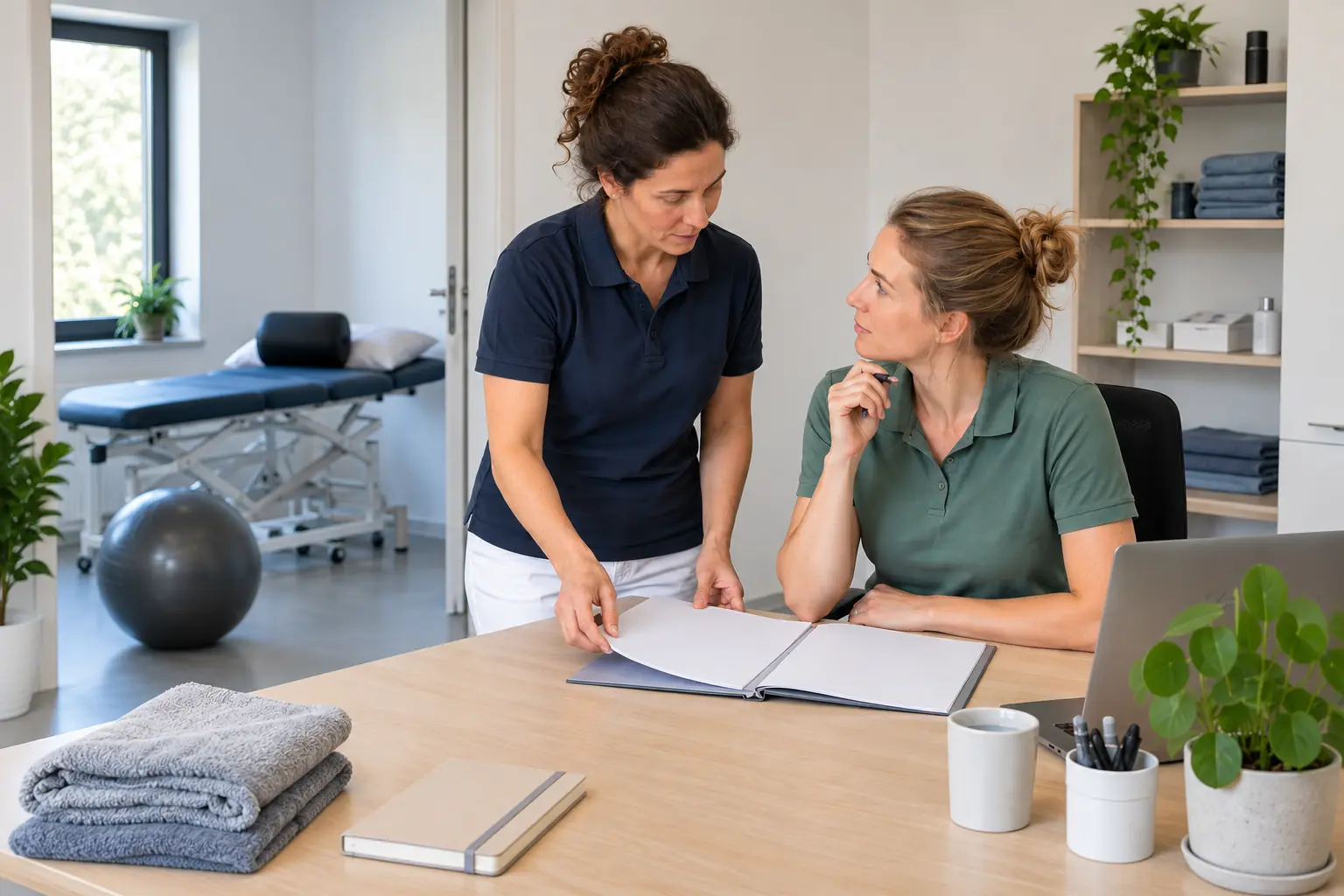 Zwei Physiotherapeutinnen besprechen am Schreibtisch eine geöffnete Mappe mit unbeschrifteten Blättern; im Hintergrund steht eine leere Behandlungsliege.