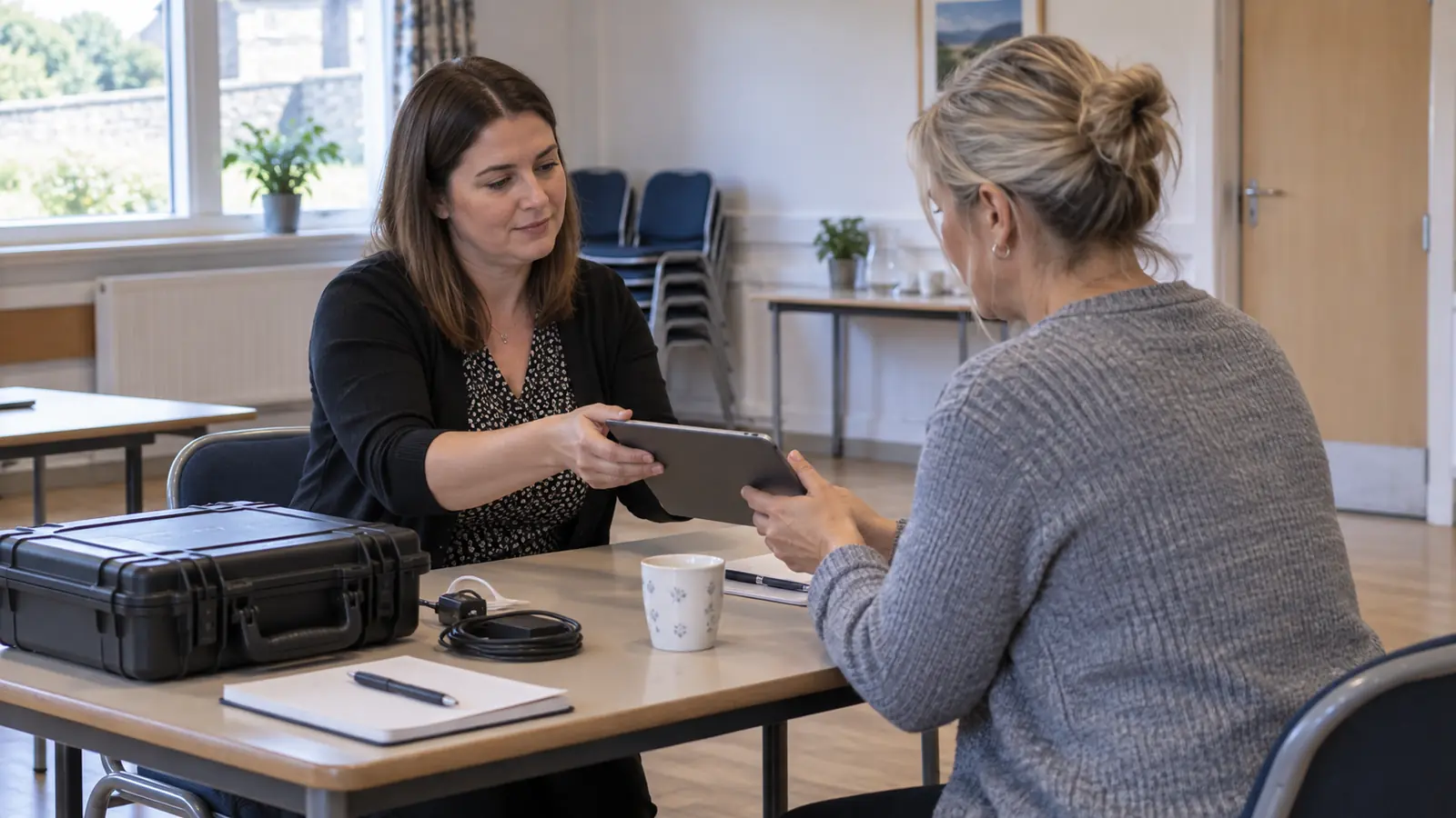 Zwei Mitarbeiterinnen betrachten gemeinsam ein Tablet an einem einfachen administrativen Arbeitsplatz mit Transportkoffer.