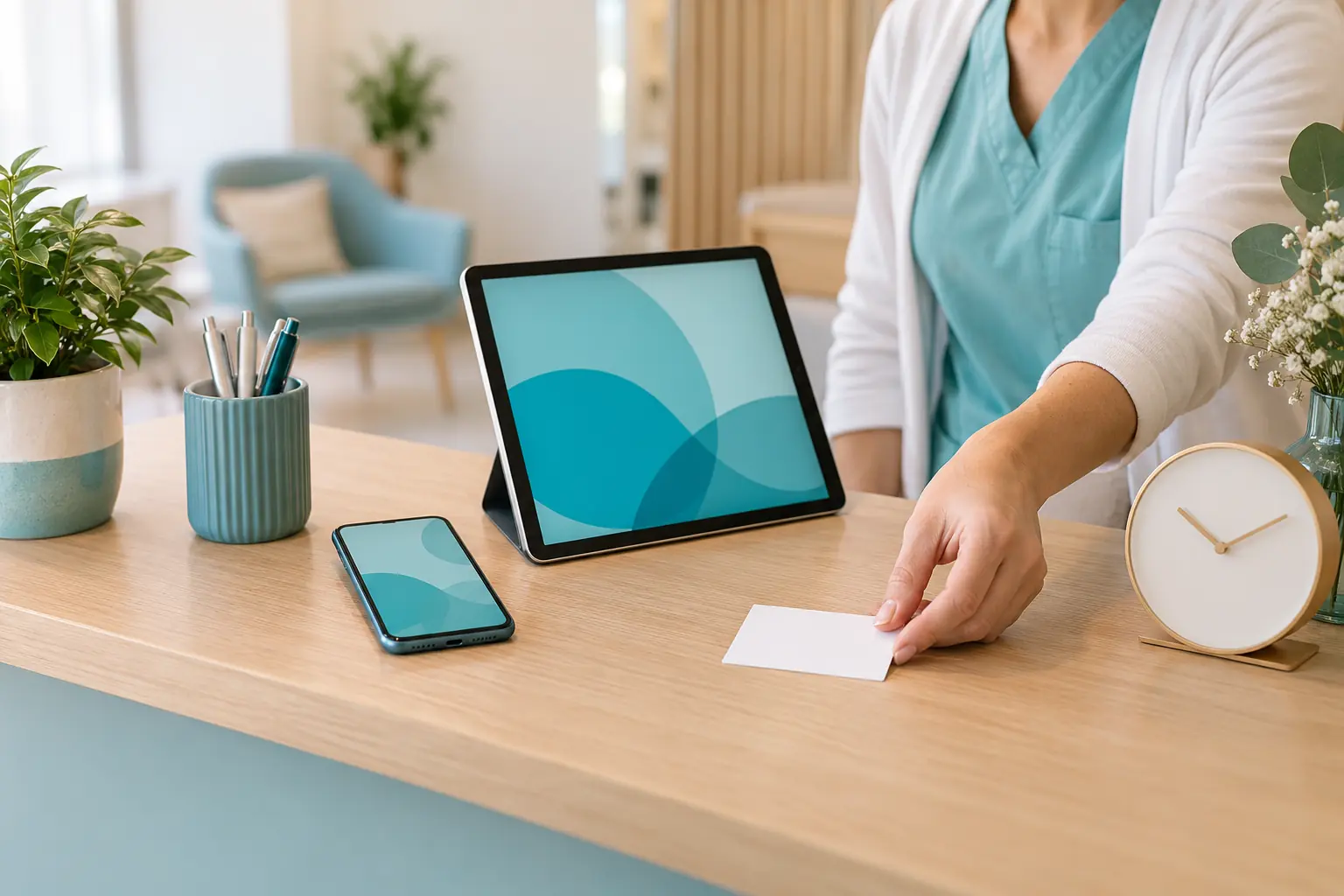 Eine Hand legt eine Terminkarte neben Smartphone und Tablet auf einen hellen Empfangstisch.