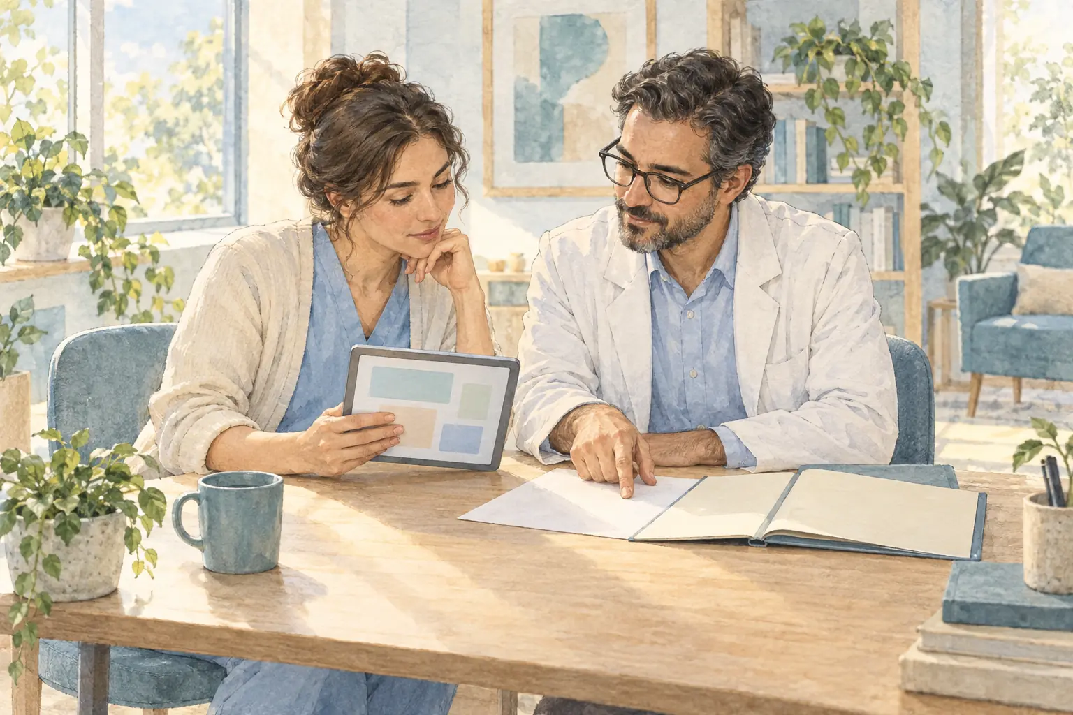 Zwei Fachkräfte besprechen an einem Tisch eine gemeinsam geöffnete Mappe neben einem Tablet.