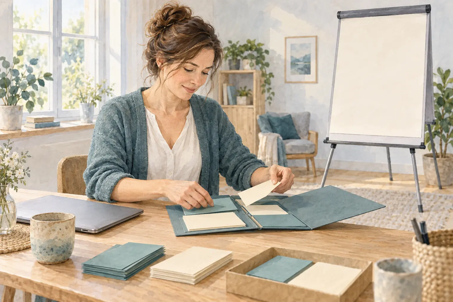 Eine Beraterin bereitet an einem ruhigen Arbeitsplatz Materialien für einen Workshop vor.