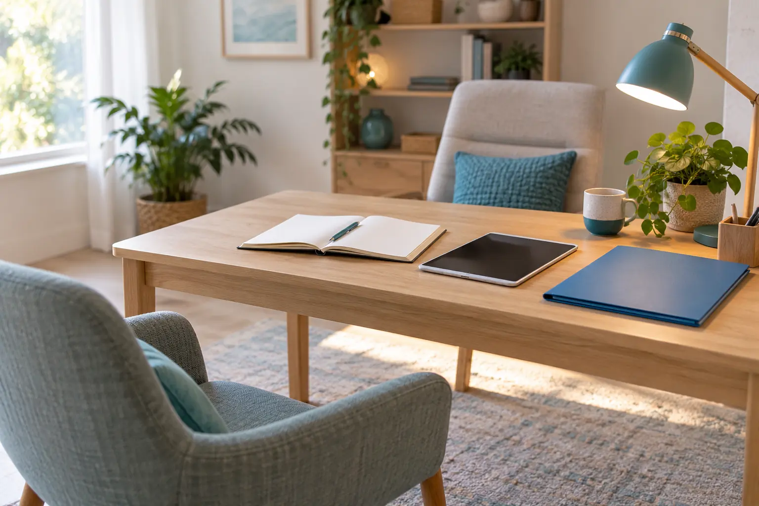 Vorbereiteter Beratungstisch mit Notizbuch, Tablet und blauer Mappe neben einem Sessel.