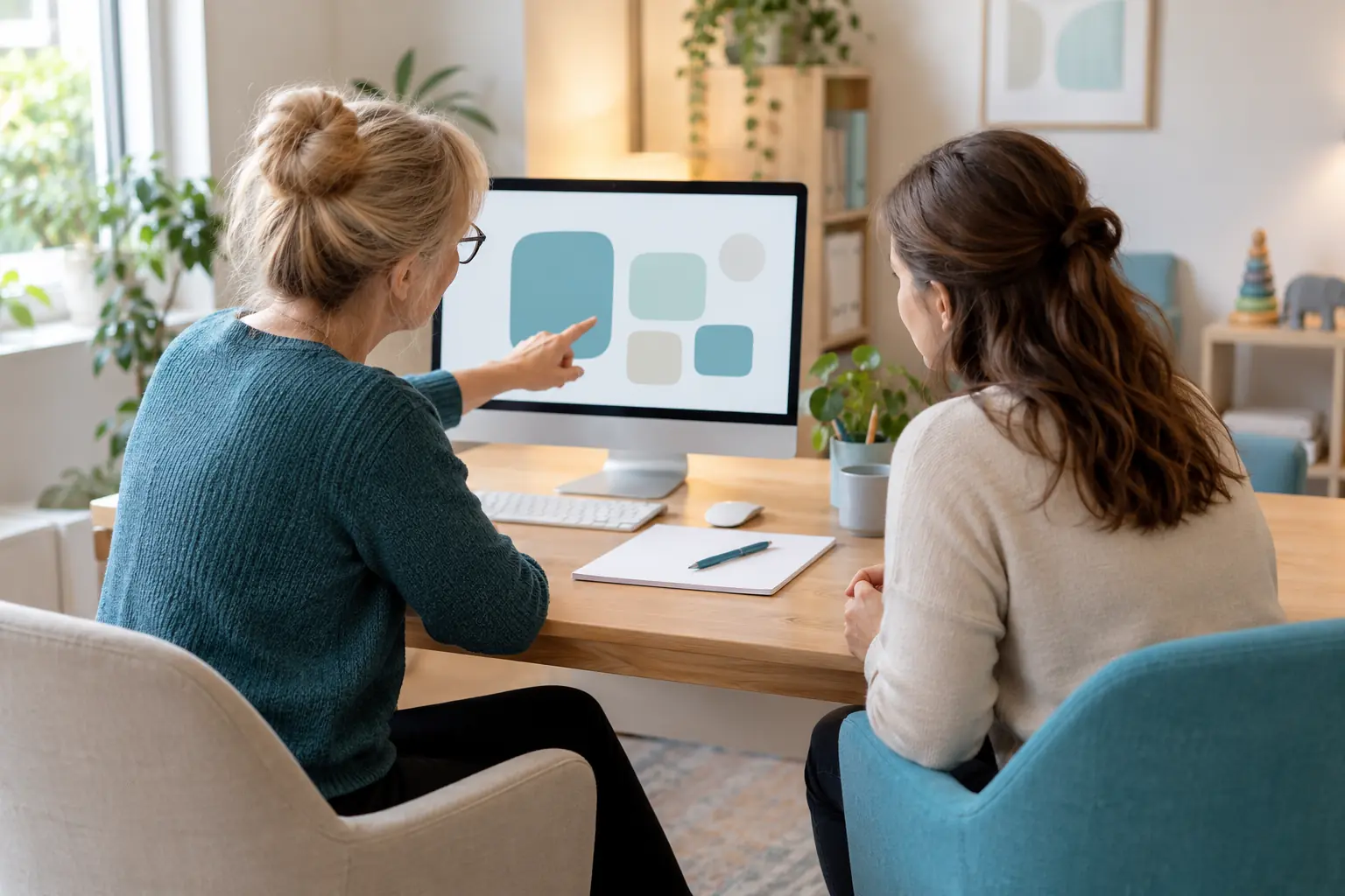 Eine erfahrene Kollegin zeigt einer jüngeren Kollegin einen digitalen Arbeitsablauf am Bildschirm.