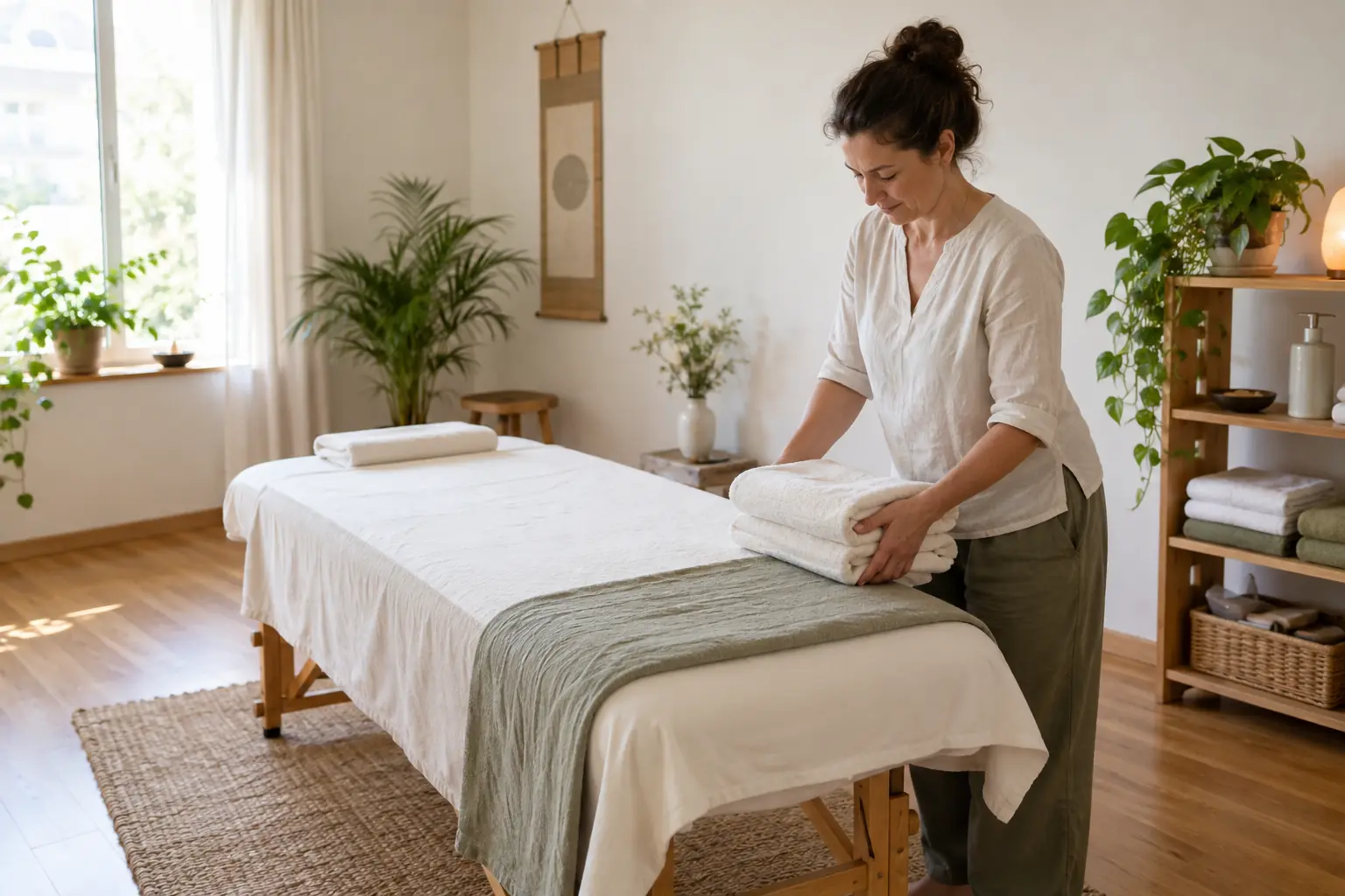 Eine Praktikerin legt frische gefaltete Handtücher auf eine vorbereitete Behandlungsliege in einem hellen Massageraum.