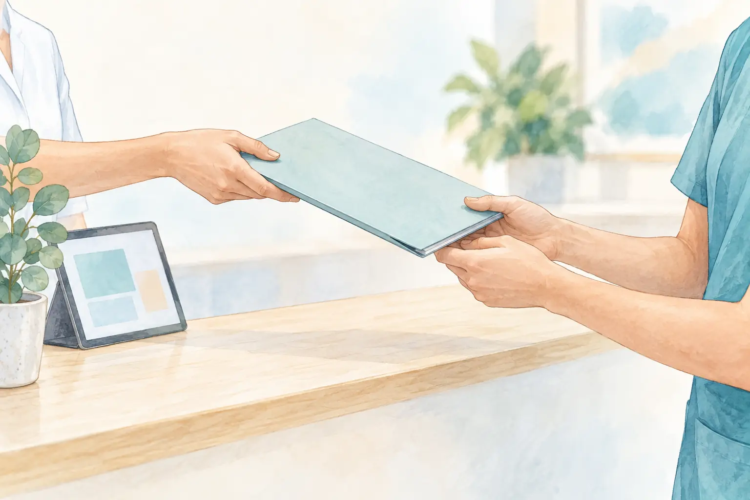 Zwei Hände übergeben eine hellblaue Dokumentenmappe über einen Empfangstisch mit Tablet.