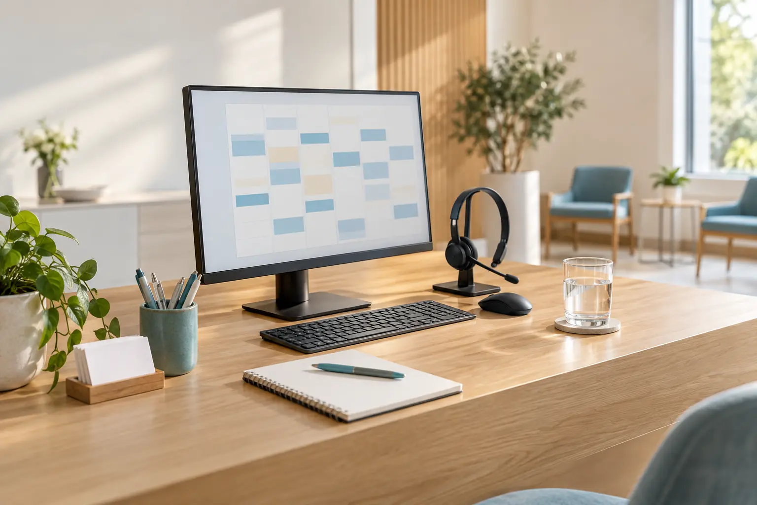 Monitor mit abstrakten Terminblöcken, Headset und Notizbuch auf einem geordneten Empfangstisch.