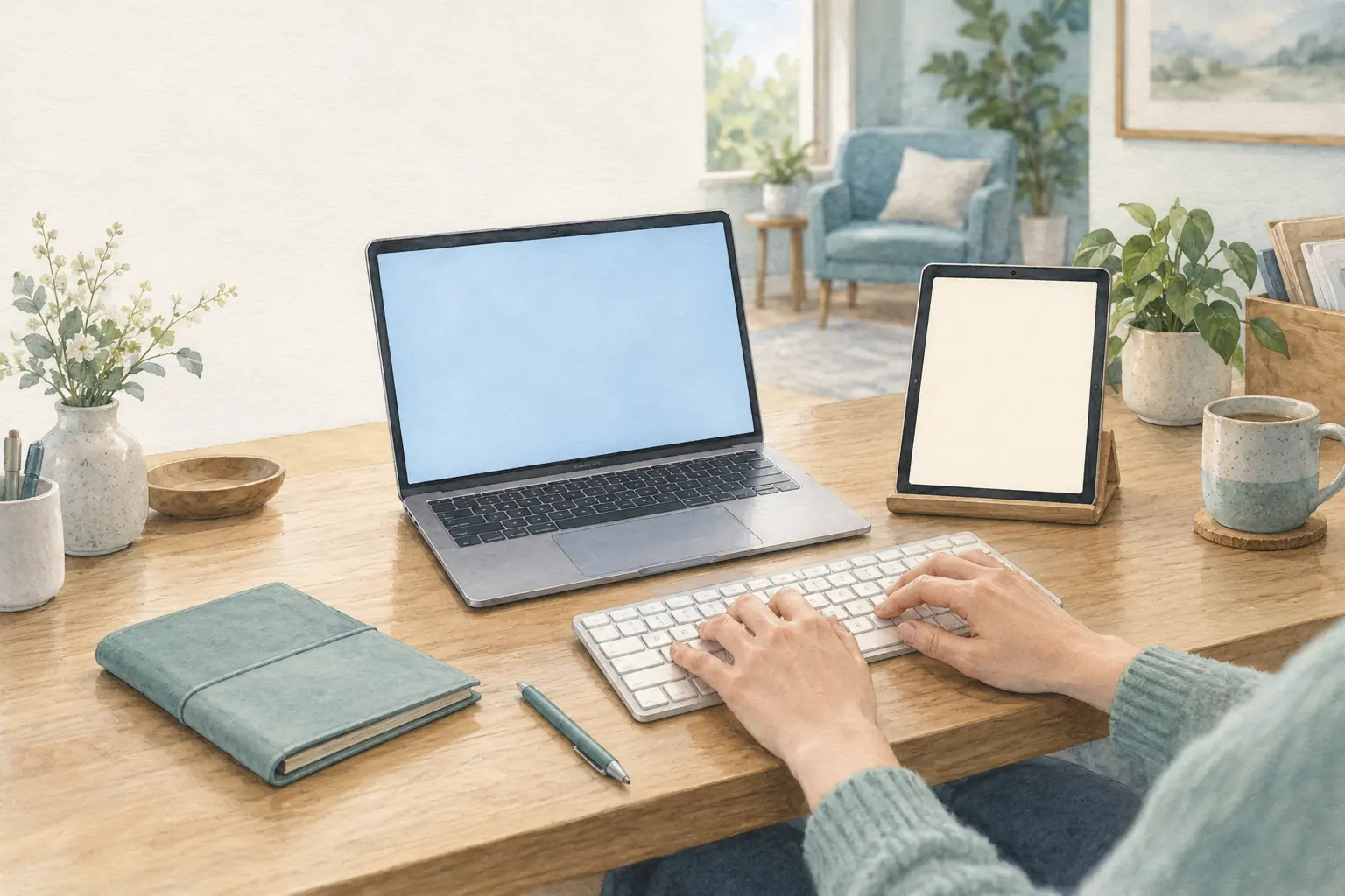Hände an einer Tastatur vor einem Laptop und einem daneben aufgestellten Tablet am Praxisschreibtisch.
