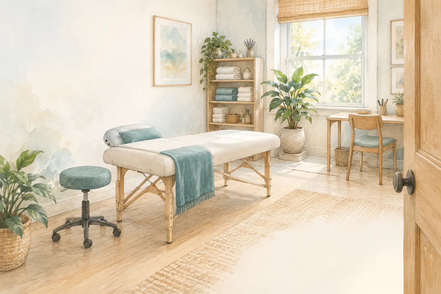 Heller kompakter Therapieraum mit Behandlungsliege, Rollhocker, Handtuchregal und Schreibtisch am Fenster.