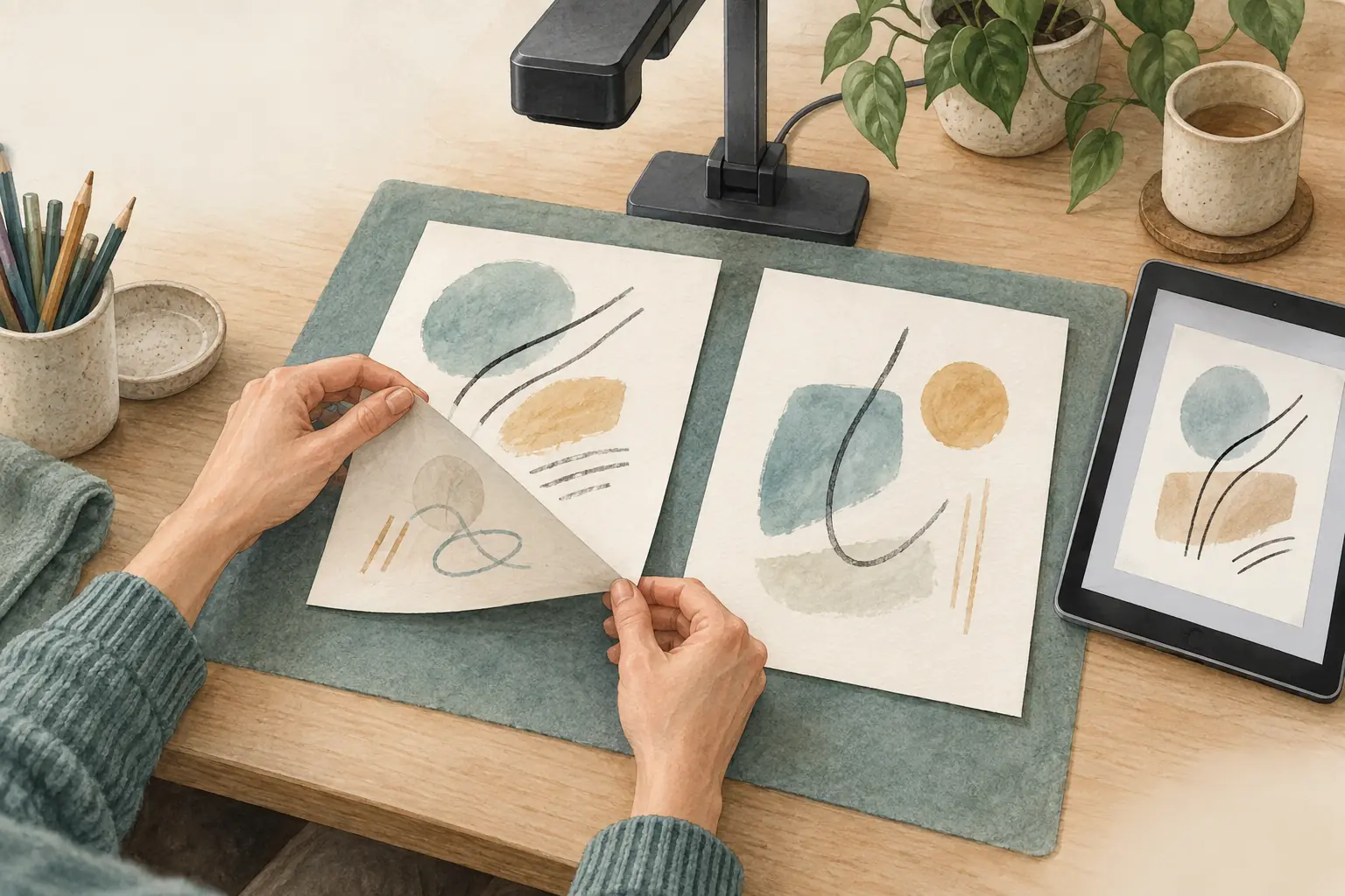 Hände wenden ein beidseitiges Blatt unter einer kleinen Dokumentenkamera; daneben liegen eine zweite Seite und ein Tablet für die Aufnahmeprüfung.