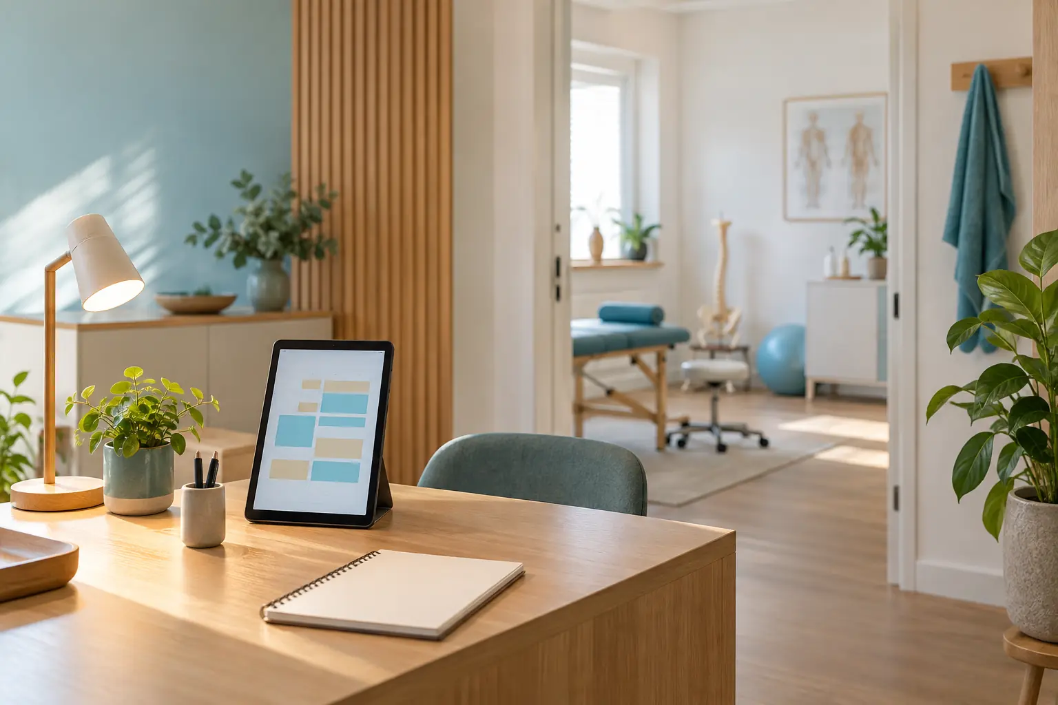 Tablet mit abstrakten Kalenderfeldern und ein Notizbuch am Empfang einer neuen Therapiepraxis.