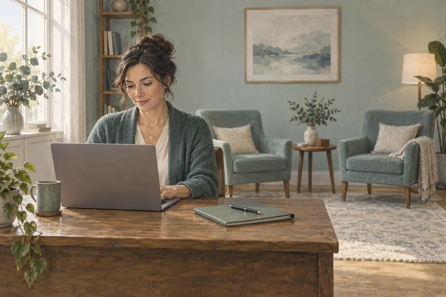 Eine Psychotherapeutin dokumentiert am Laptop; im Hintergrund stehen zwei leere Gesprächssessel.