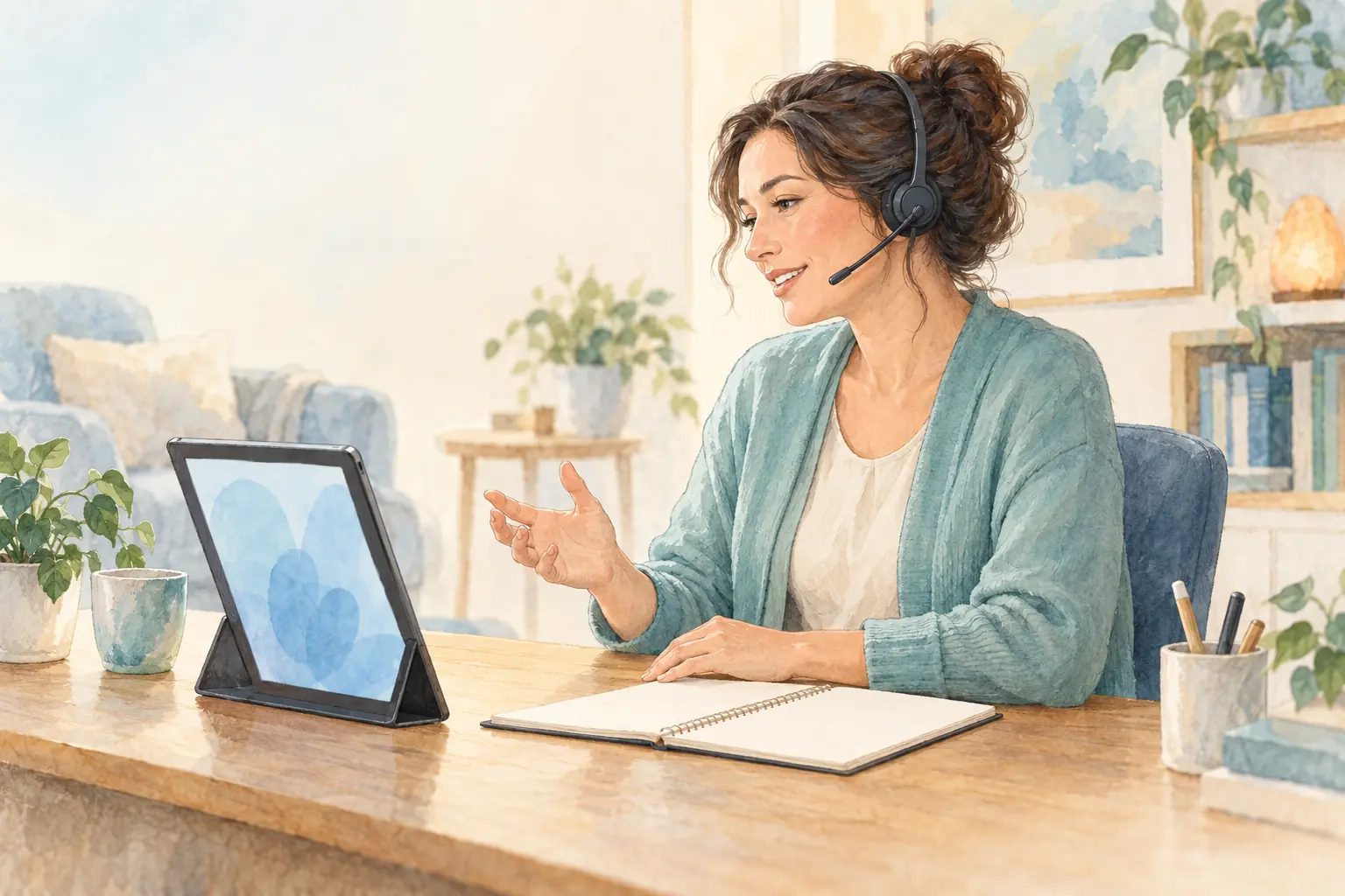 Eine Therapeutin mit Headset bespricht an einem Tablet einen Praxisablauf.