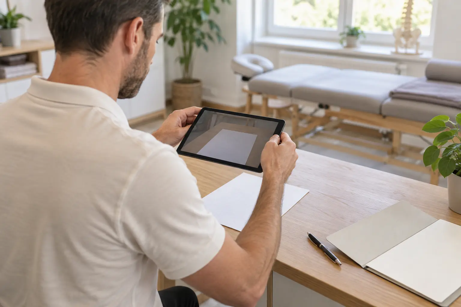 Osteopath erfasst eine mitgebrachte Unterlage am Kontaktabschluss mit dem Tablet.
