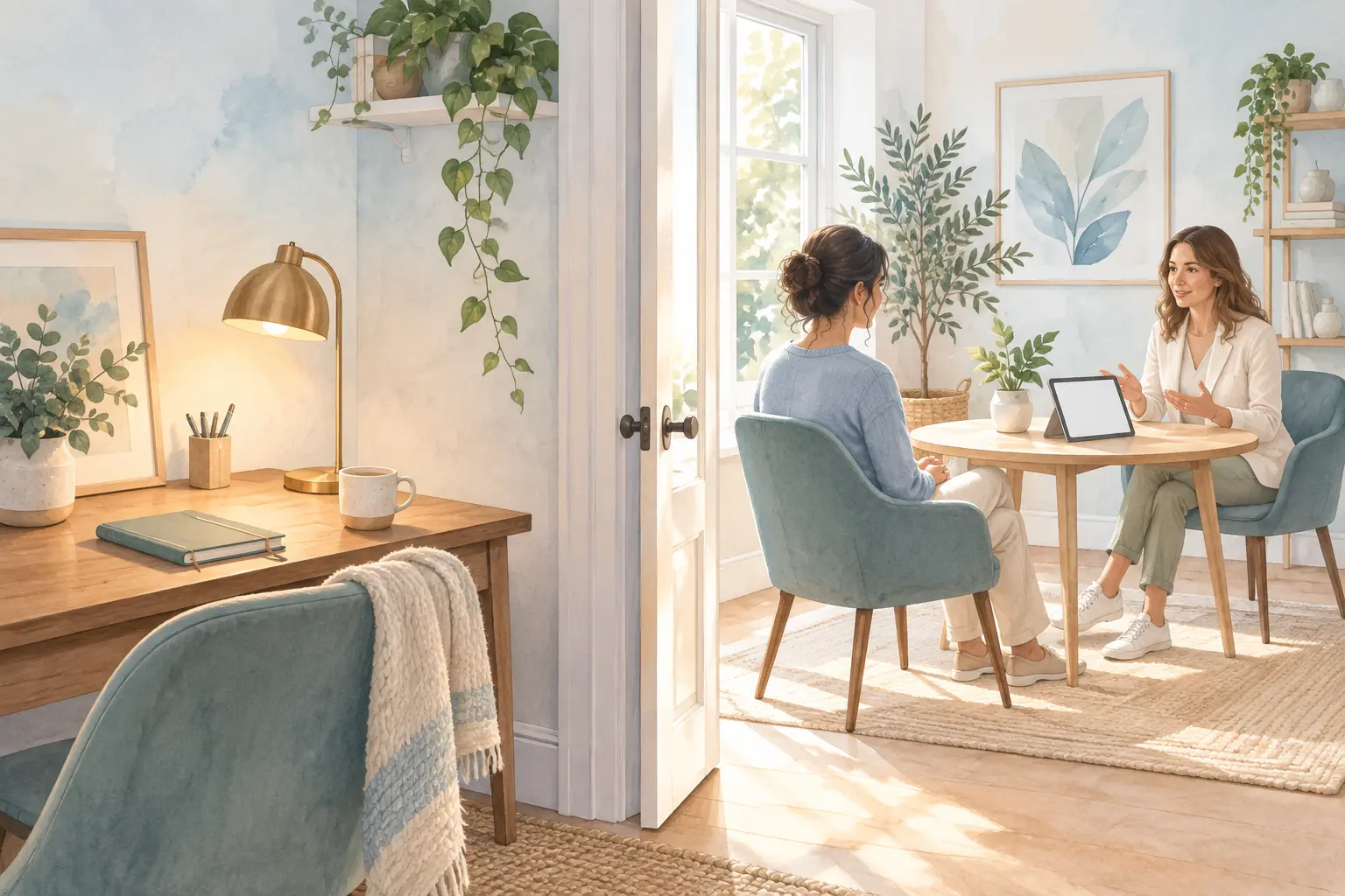 Ein Homeoffice und ein Beratungsplatz sind durch einen sichtbaren Durchgang voneinander getrennt.